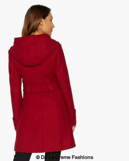 Rose Eleusis Slim Fit Shawl Hooded Coat for women, double-breasted design with belt and cozy hood, stylish and warm outerwear