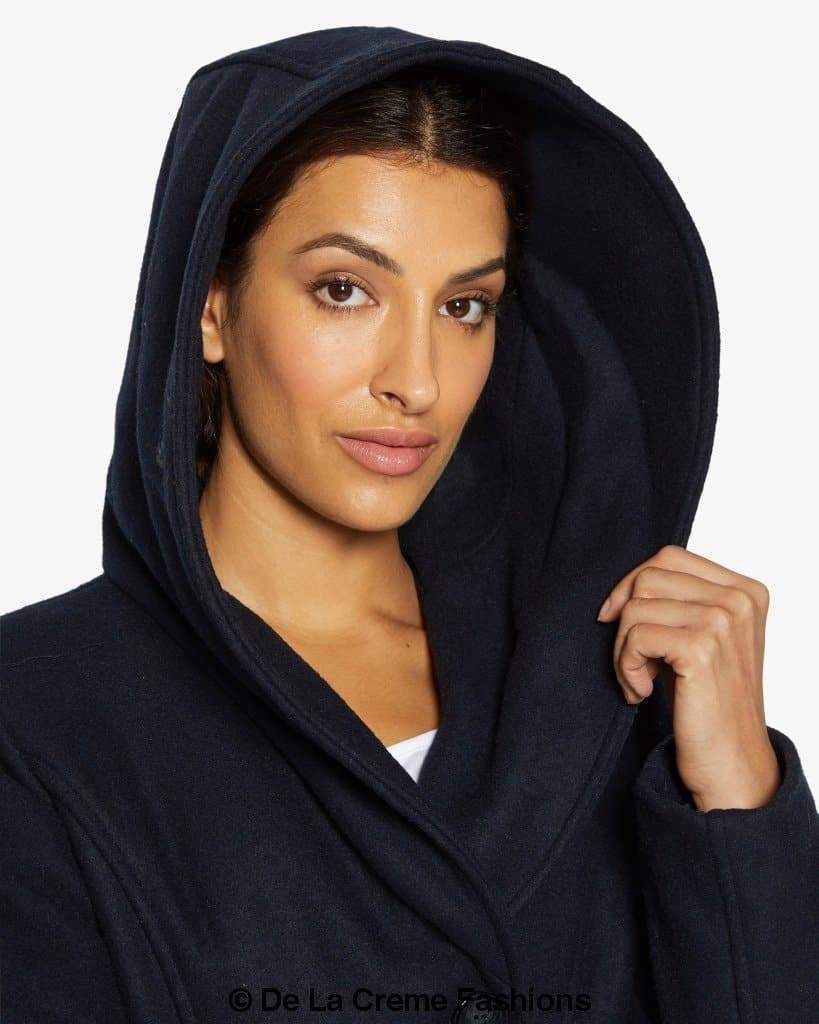 Rose Eleusis slim fit shawl hooded coat for women, double-breasted design with belt and cozy hood, stylish jacket for winter.