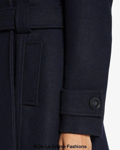 Rose Eleusis Slim Fit Shawl Hooded Coat, double-breasted belted jacket for women, stylish and tailored outerwear.