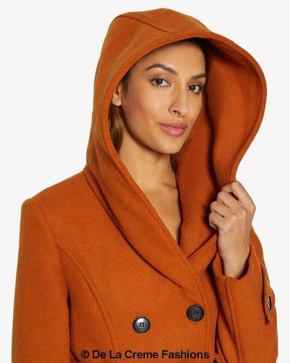 Rose Eleusis slim fit shawl hooded coat, double-breasted belted jacket for women with a stylish and tailored look.