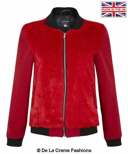 Red womens faux fur zip-thru varsity bomber jacket by Rose Eleusis, showing the jacket&