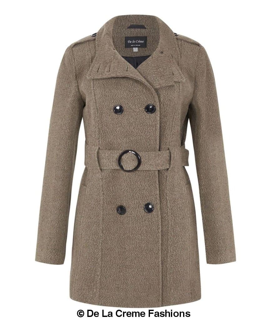 Women’s military style wool belted coat by Rose Eleusis, featuring herringbone pattern and classic tailored design.