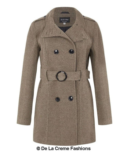 Women’s military style wool belted coat by Rose Eleusis, featuring herringbone pattern and classic tailored design.