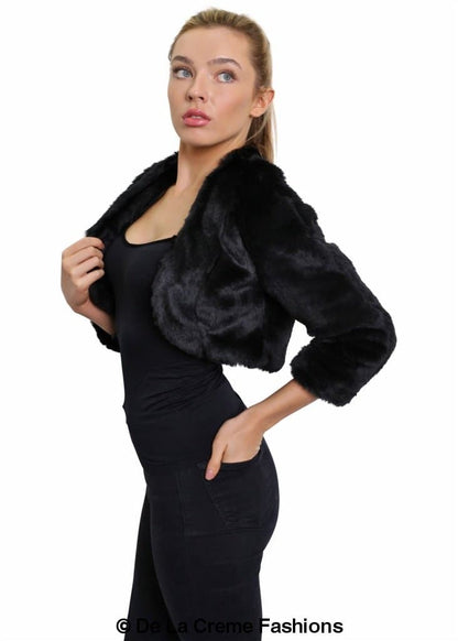 Open front faux fur bolero shrug by Rose Eleusis, cropped jacket with plush, soft faux fur in a stylish open-front design.