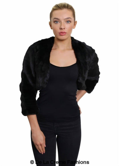 Open front faux fur bolero jacket by Rose Eleusis, cropped shrug style with soft, luxurious faux fur texture for women&