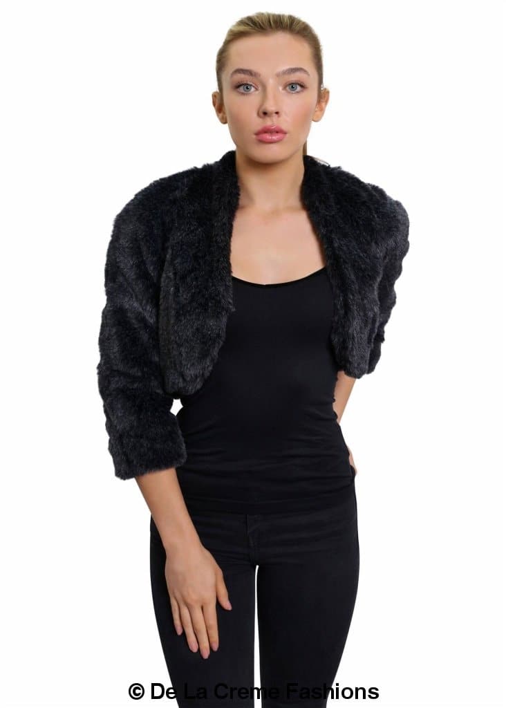 Open front faux fur bolero jacket by Rose Eleusis, cropped design, soft plush exterior, perfect for stylish layering.