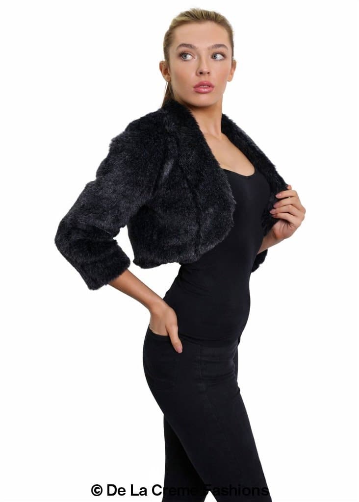 Open front faux fur bolero jacket by Rose Eleusis, cropped style, soft plush faux fur with open front design, women&