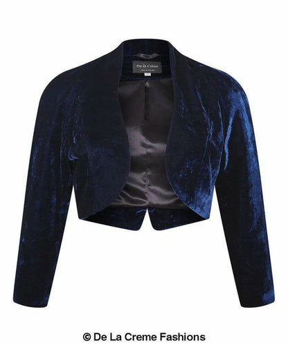 Navy open front velvet bolero shrug jacket for women by Rose Eleusis, stylish and lightweight with a sleek open-front design.