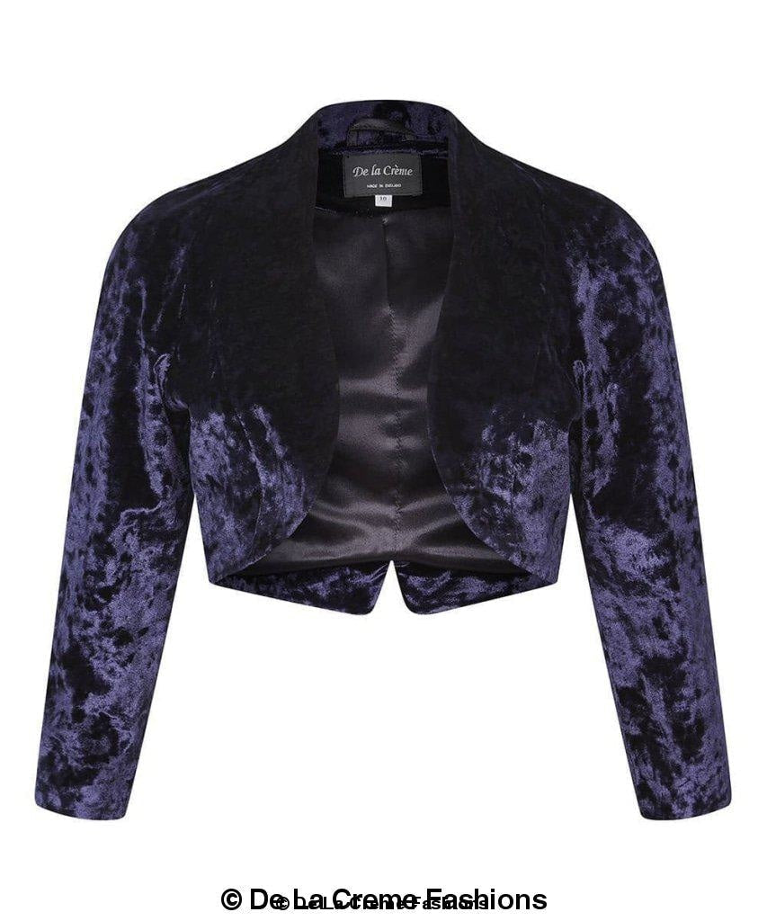 Purple open-front velvet bolero shrug jacket for women by Rose Eleusis, stylish and lightweight for versatile wear.