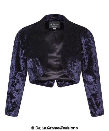 Purple open-front velvet bolero shrug jacket for women by Rose Eleusis, stylish and lightweight for versatile wear.