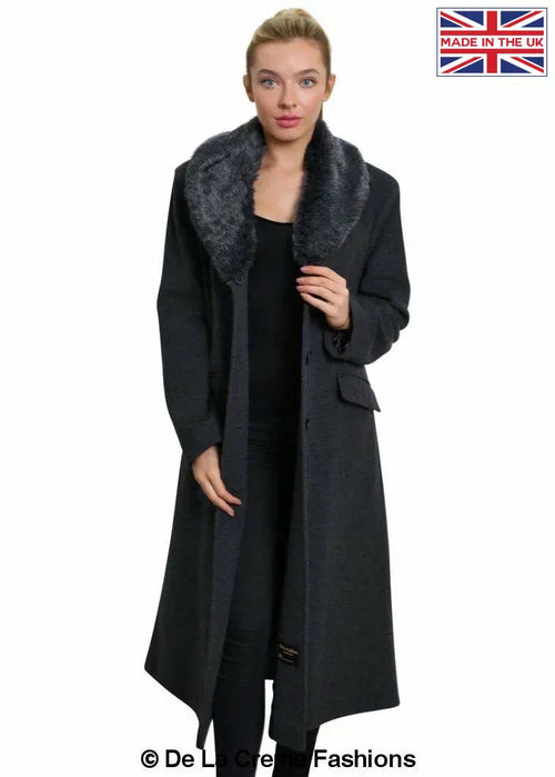 Grey oversized faux fur collar long coat for women by Rose Eleusis, stylish jackets and coats with plush fur detail.