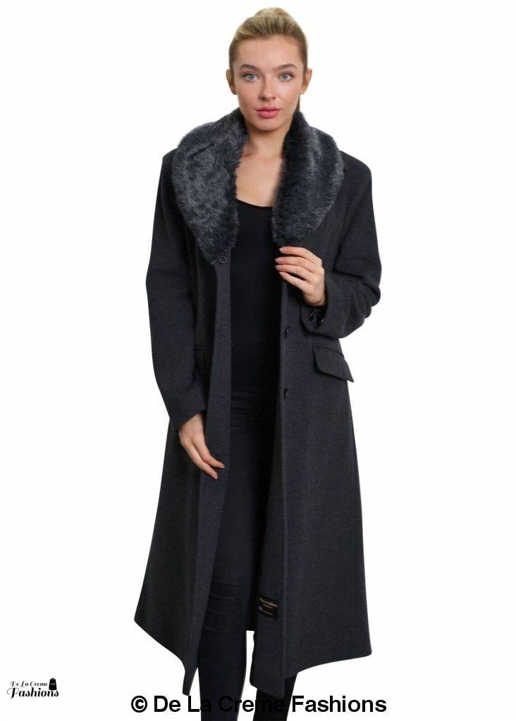 Grey oversized faux fur collar long coat by Rose Eleusis, stylish women&