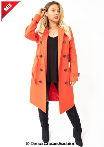 Red Rose Eleusis slim fit lightweight trench coat for women, shown hanging on a mannequin. Stylish and tailored for a sleek look.