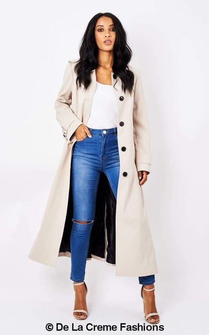 Rose Eleusis longline Mac coat for women, spring/summer tailored jacket with classic beige fabric and stylish design.