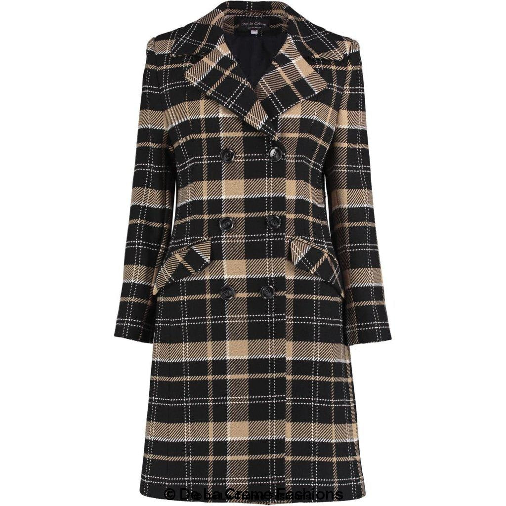 Wool blend tartan check double-breasted coat for women from Rose Eleusis, featuring classic plaid pattern and tailored fit.