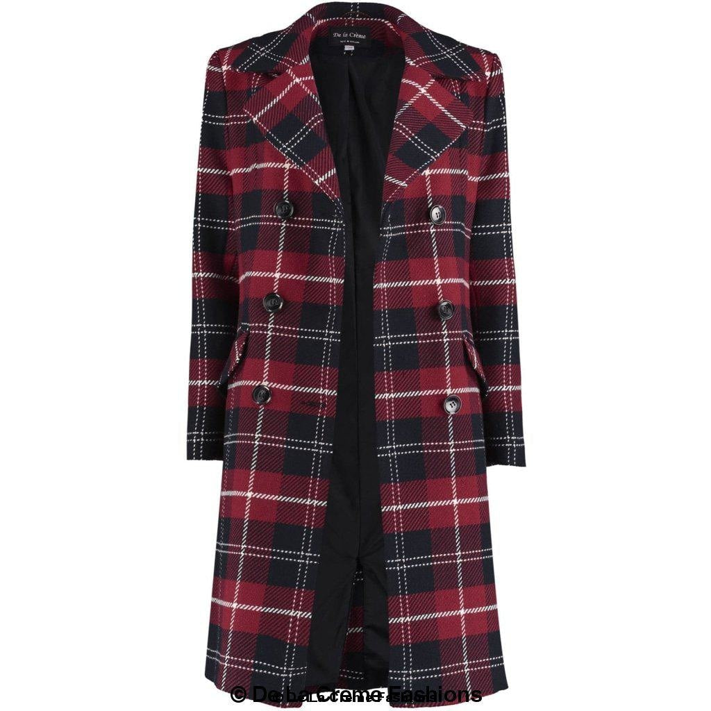 Wool blend tartan check double-breasted coat for women by Rose Eleusis, featuring classic pattern and tailored fit.