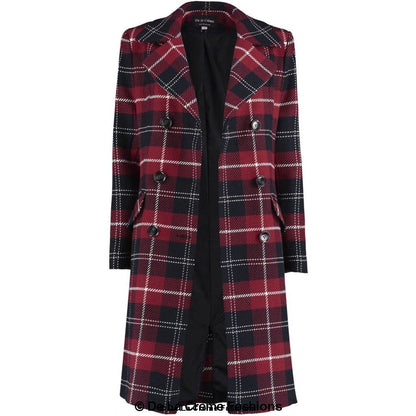 Wool blend tartan check double-breasted coat for women by Rose Eleusis, featuring classic pattern and tailored fit.