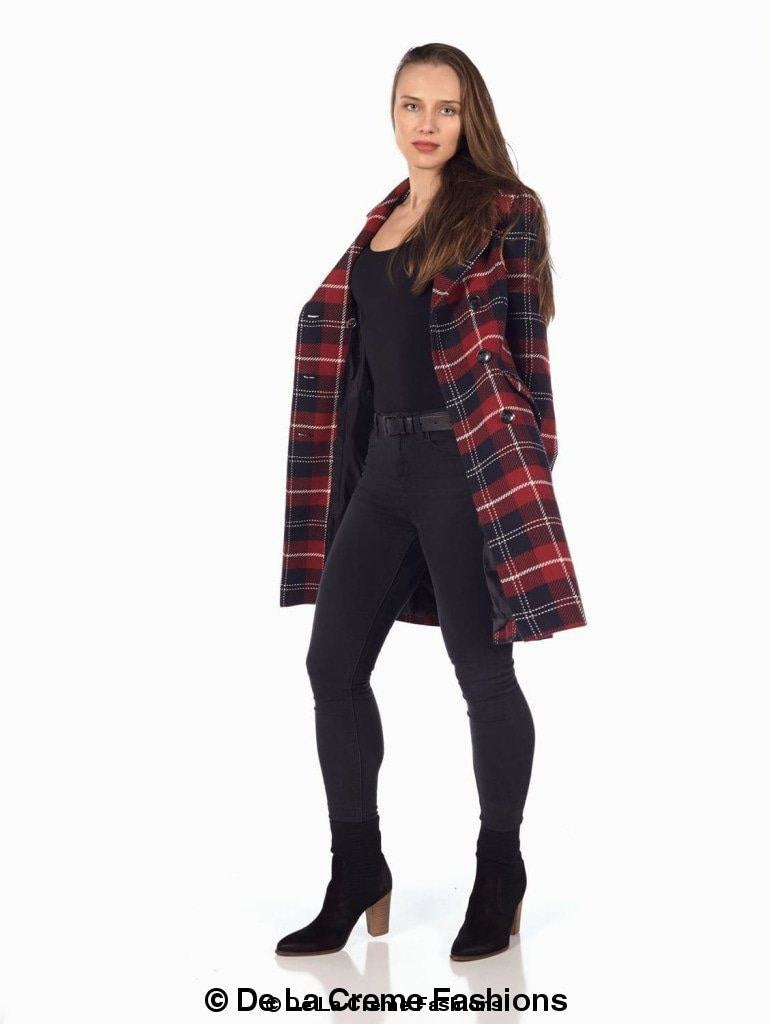 Wool blend tartan check double-breasted coat for women, stylish jacket with classic pattern and tailored fit, by Rose Eleusis.