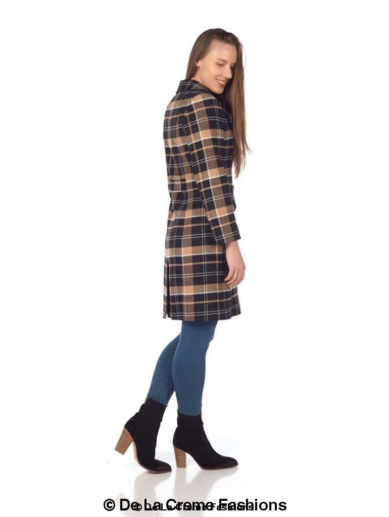 Wool blend tartan check double-breasted coat for women by Rose Eleusis, featuring classic plaid pattern and tailored fit.