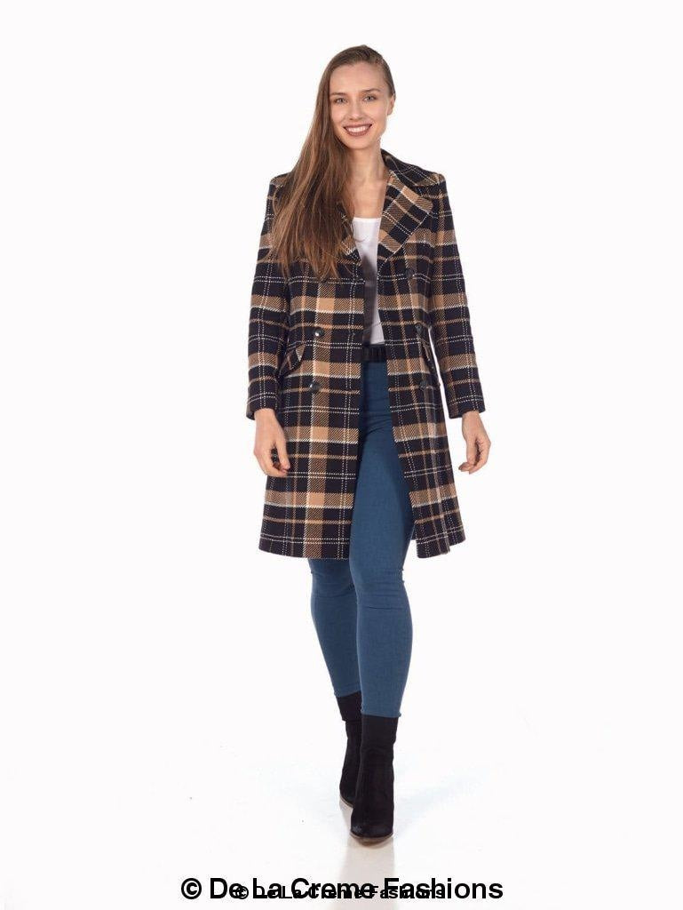 Wool blend tartan check double-breasted coat for women by Rose Eleusis, featuring classic pattern and tailored fit.