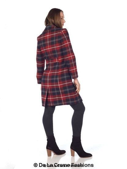 Wool blend tartan check double-breasted coat for women, stylish jacket with classic pattern and button details.