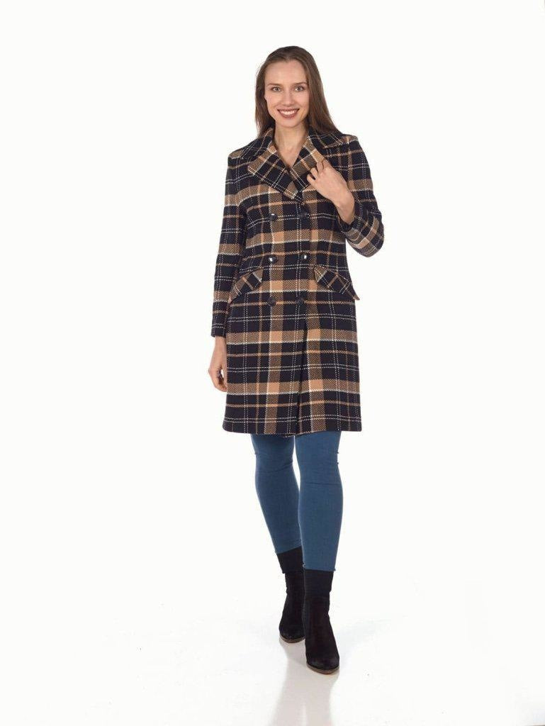 Brown wool blend tartan check double-breasted coat for women by Rose Eleusis, showcasing classic pattern and tailored fit.