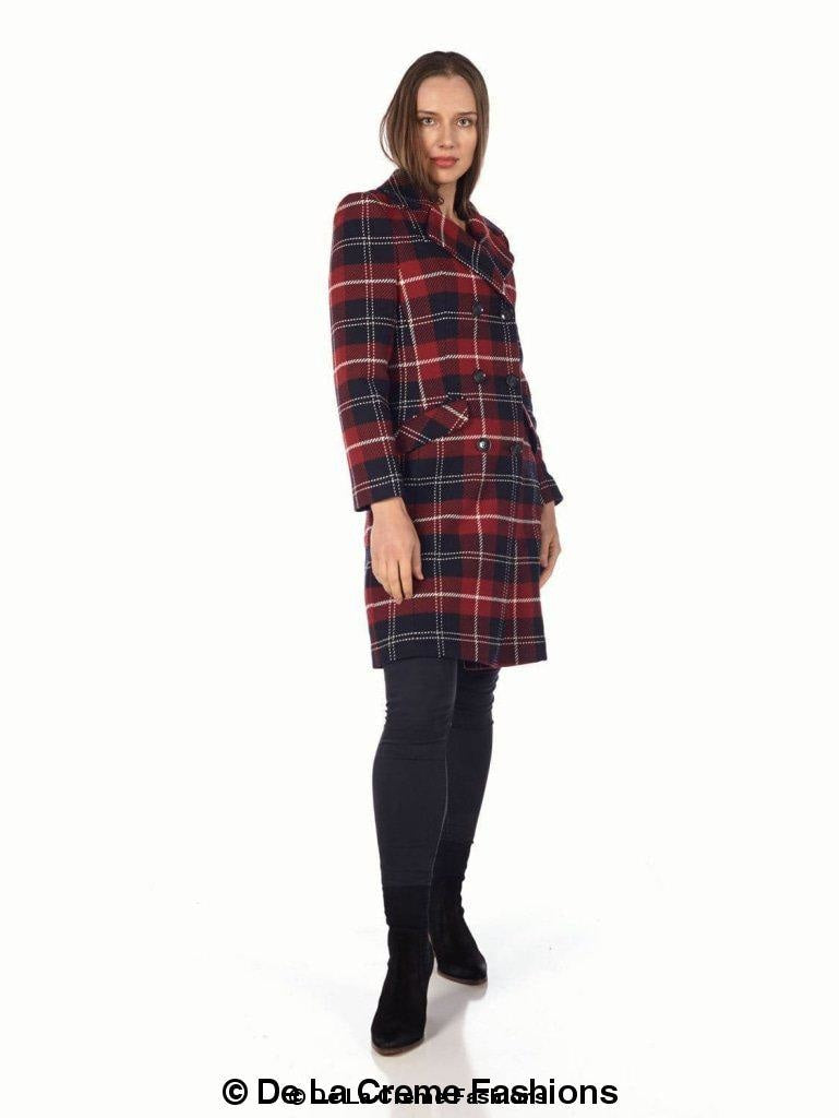 Red wool blend tartan check double-breasted coat by Rose Eleusis, stylish jacket with classic pattern and tailored fit.