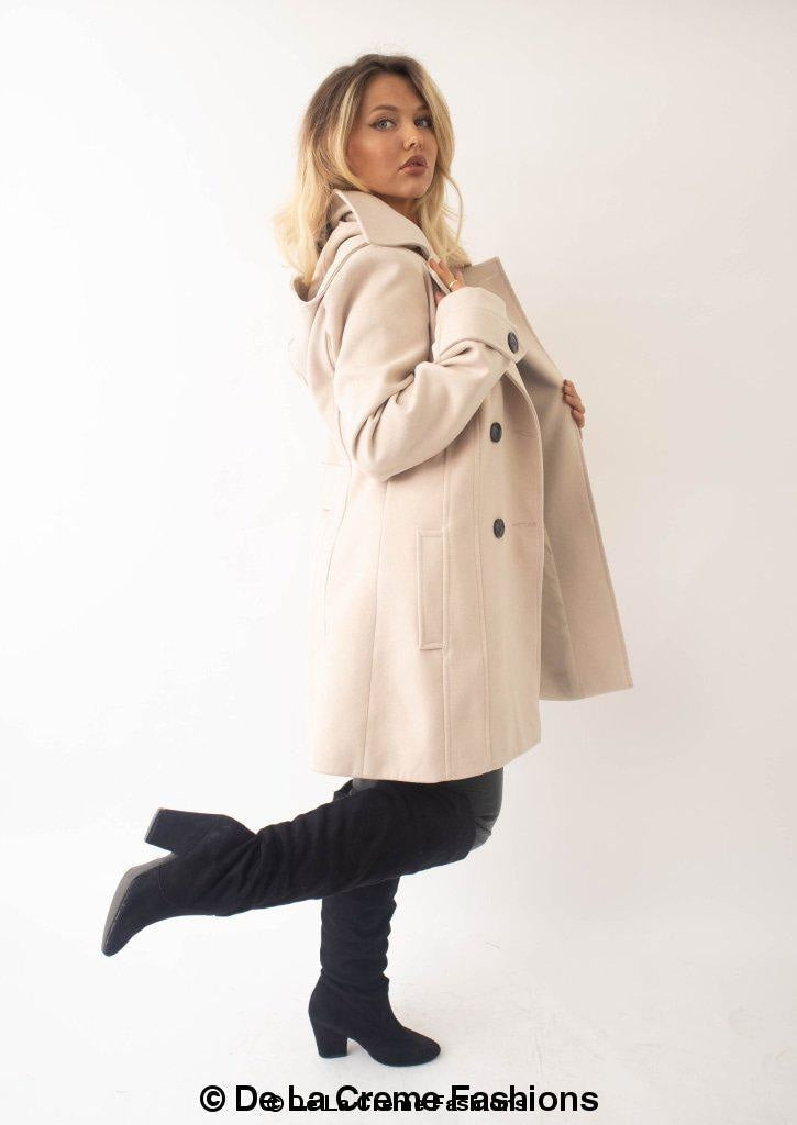 Women’s wool feel double-breasted hooded coat by Rose Eleusis, stylish winter jacket with a cozy hood and tailored fit.