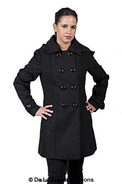 Women’s wool-feel double-breasted hooded coat by Rose Eleusis, stylish winter jacket with front buttons and a cozy hood.
