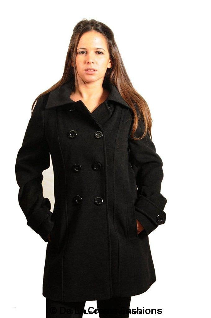 Women’s wool feel double-breasted hooded coat by Rose Eleusis, shown in a winter jacket with front buttons and a hood.