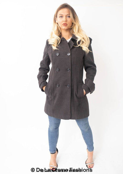Womens wool feel double-breasted hooded coat by Rose Eleusis, shown in a stylish winter jacket with front buttons and a cozy hood.