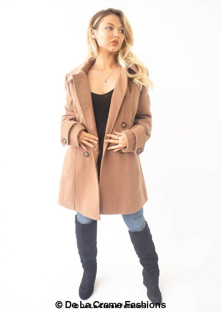 Women’s wool feel double-breasted hooded coat by Rose Eleusis, shown in a stylish winter jacket with hood and button details.