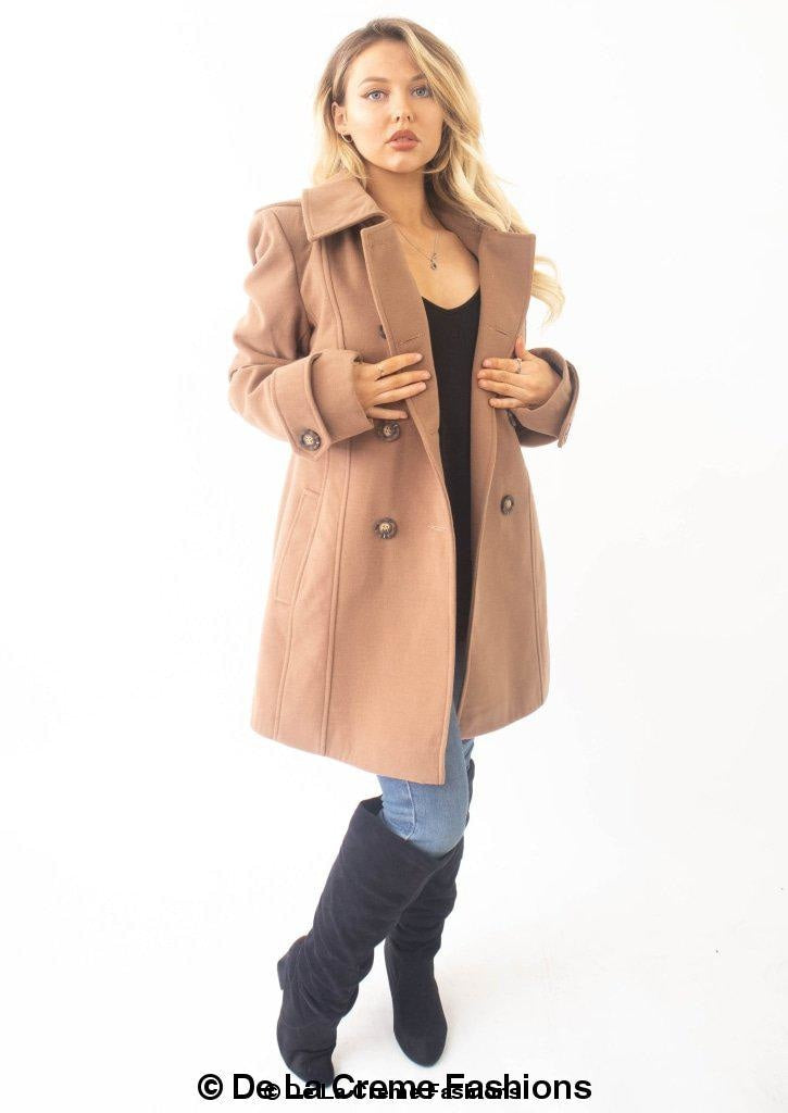Womens wool-feel double-breasted hooded coat by Rose Eleusis, stylish winter jackets with button details and a cozy hood.