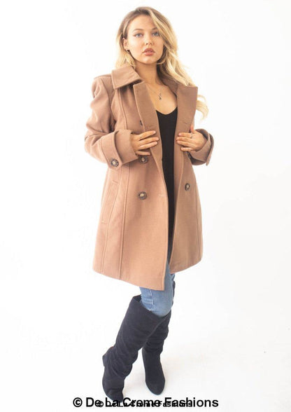 Womens wool-feel double-breasted hooded coat by Rose Eleusis, stylish winter jackets with button details and a cozy hood.