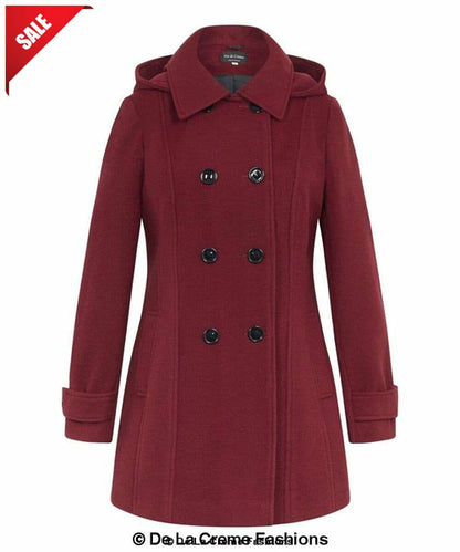 Womens wool feel double-breasted hooded coat by Rose Eleusis in wine, featuring a stylish winter jacket with front buttons.