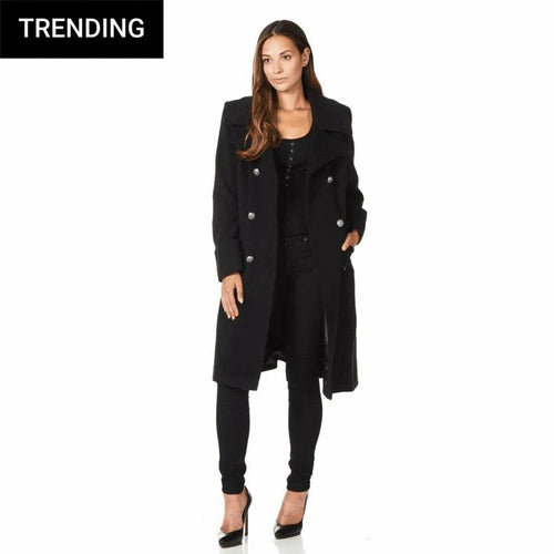 Black Wool Blend Double Breasted Midi Coat by Rose Eleusis, stylish women&
