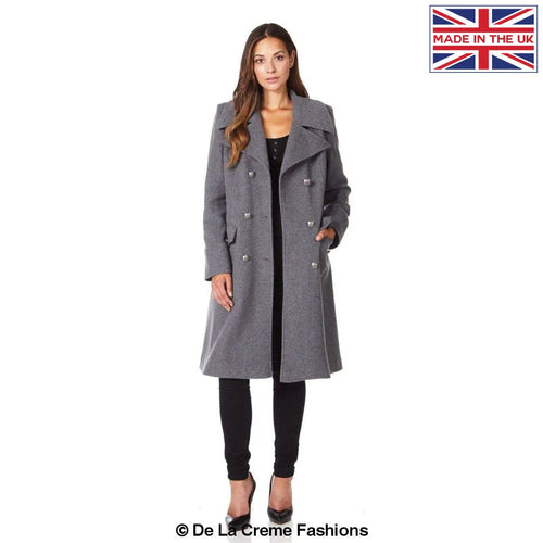 Rose Eleusis wool blend double-breasted midi coat in mid-grey, stylish jacket with classic lapels for women.