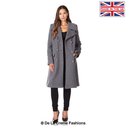 Rose Eleusis wool blend double-breasted midi coat in mid-grey, stylish jacket with classic lapels for women.