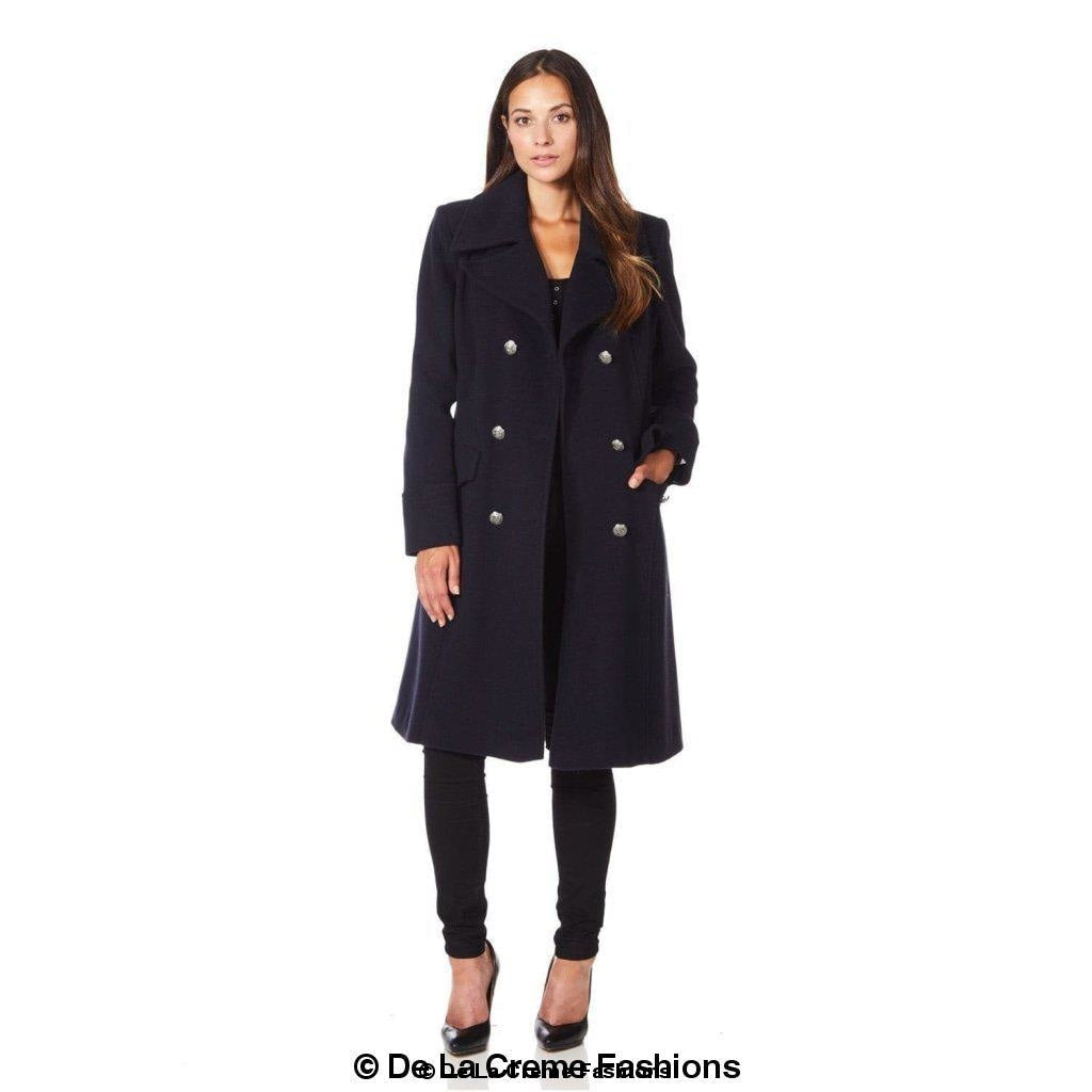 Navy wool blend double-breasted midi coat for women by Rose Eleusis, styled with classic lapels and button details.