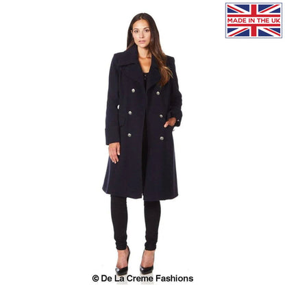Navy wool blend double-breasted midi coat for women by Rose Eleusis, shown on a hanger with front view.
