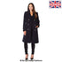 Navy wool blend double-breasted midi coat for women by Rose Eleusis, shown on a hanger with front view.