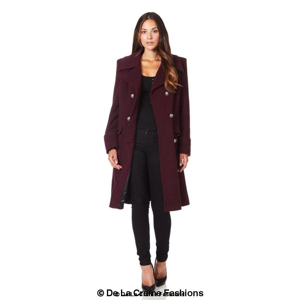 Wool blend double-breasted midi coat in wine color by Rose Eleusis, displayed on a model.