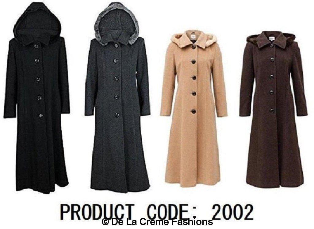 Rose Eleusis wool feel faux fur trim hooded long coat for women, featuring a cozy wool blend and stylish fur-lined hood.