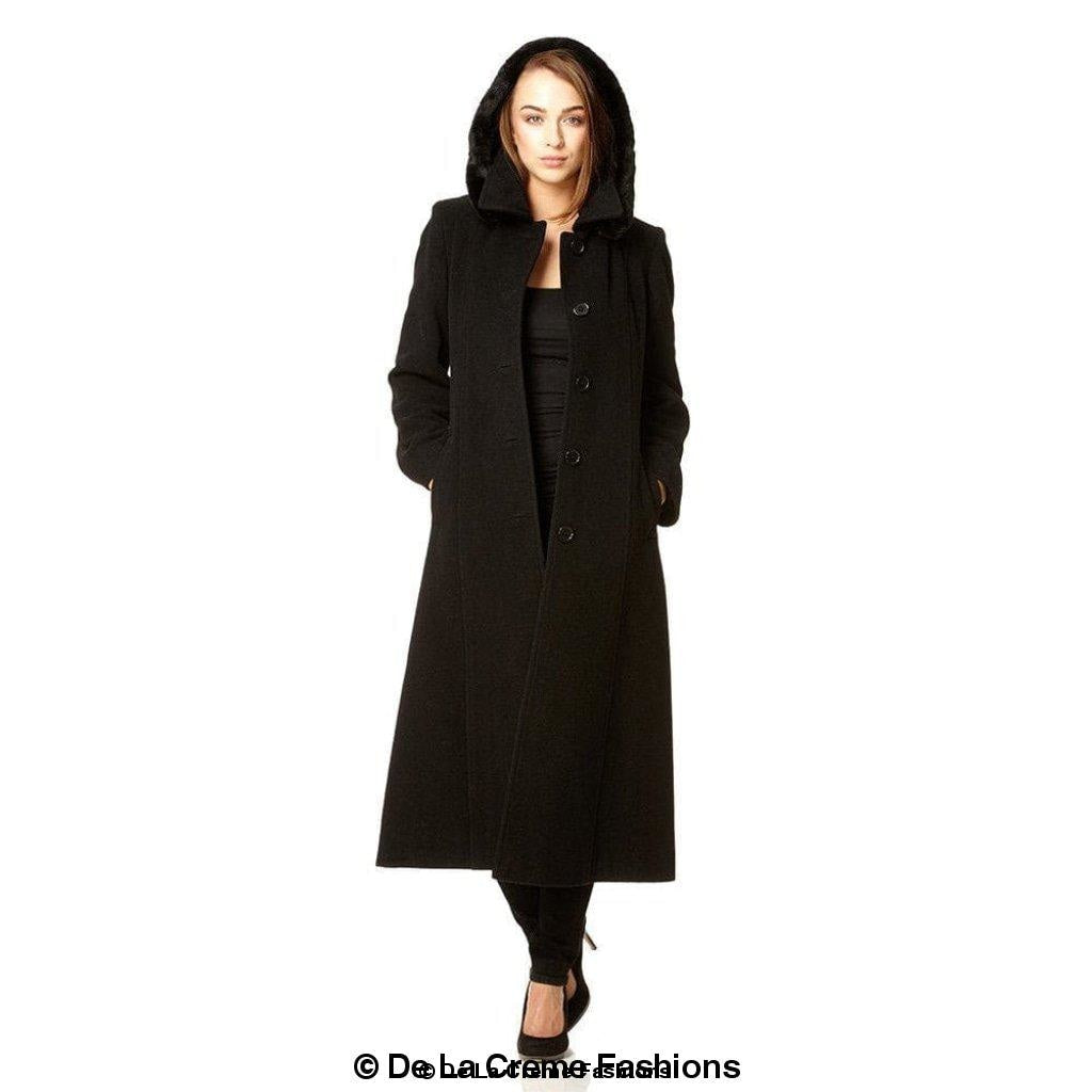 Rose Eleusis wool feel faux fur trim hooded long coat for women, featuring a cozy wool blend and stylish fur accents.
