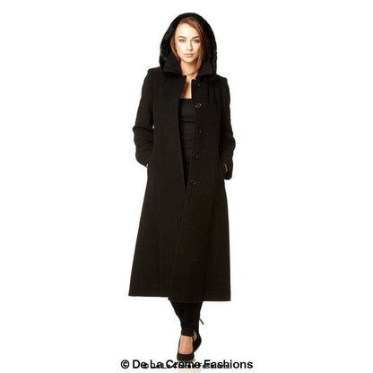 Rose Eleusis wool feel faux fur trim hooded long coat for women, featuring a cozy wool blend and stylish fur accents.
