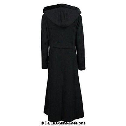 Rose Eleusis wool feel faux fur trim hooded long coat for women, featuring a cozy wool blend and stylish fur accents.