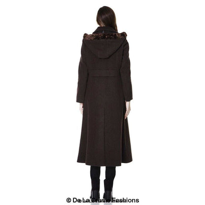 Rose Eleusis wool feel faux fur trim hooded long coat for women, featuring a stylish wool blend design and cozy fur accents.