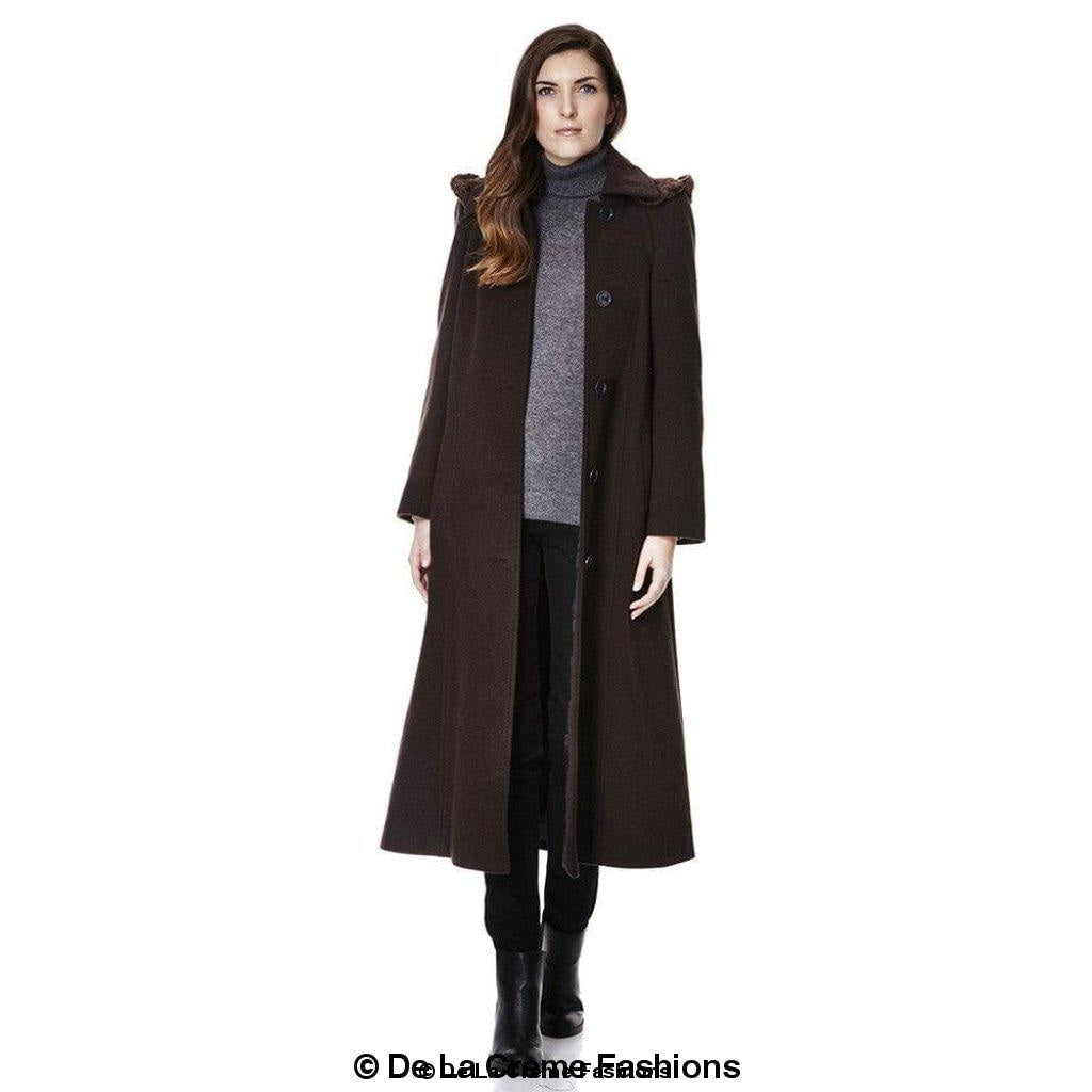 Wool Feel Faux Fur Trim Hooded Long Coat by Rose Eleusis, showcasing a cozy wool blend fabric with plush faux fur trim and hood.