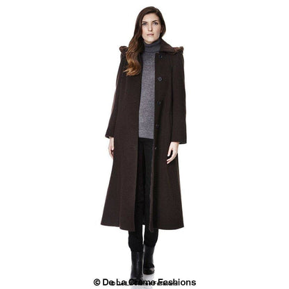 Wool Feel Faux Fur Trim Hooded Long Coat by Rose Eleusis, showcasing a cozy wool blend fabric with plush faux fur trim and hood.