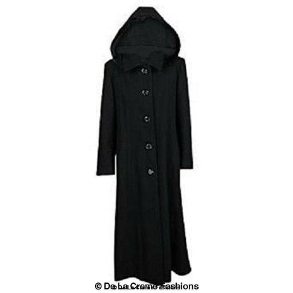 Rose Eleusis wool feel faux fur trim hooded long coat with a wool blend fabric, perfect for cold weather, shown on a model.
